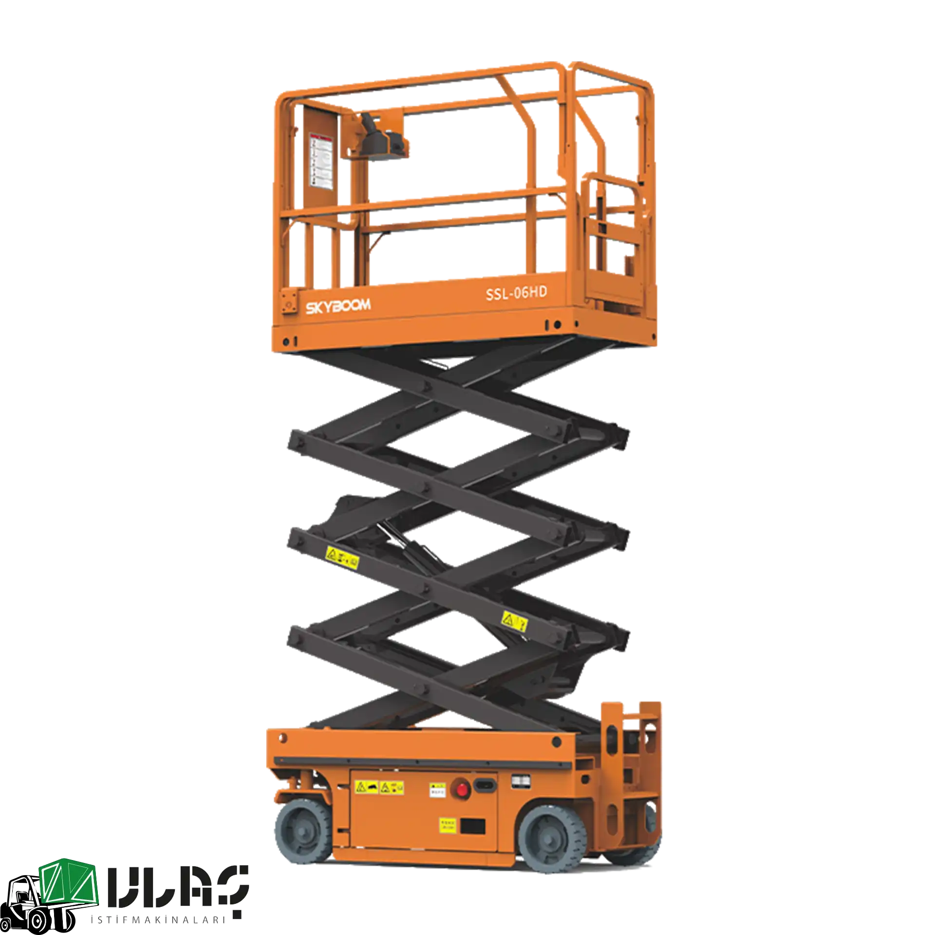 8 metre çalışma yüksekliğine sahip akülü makaslı platform — dar alanlarda yüksek erişim, geniş platform alanı ve güçlü akü sistemiyle iç mekân çalışmaları için tasarlanmış kompakt iş platformu görseli.